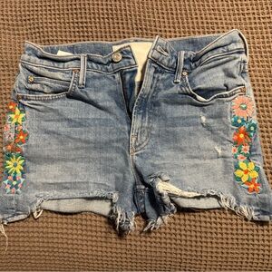 Mother Embroidered Light Wash Denim Shorts - Floral Side Detail